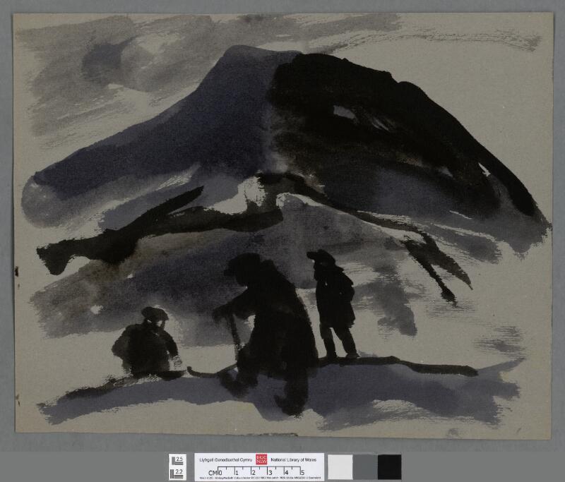 Three farmers below a mountain