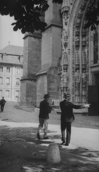 Pavey and Dyer (David Lloyd George's detective and chaffeur respectively ) walking towards the entrance to Lausanne Cathedral.