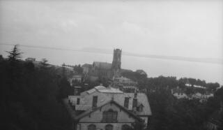 A view looking towards the lake with Eglise Notre Dame in the centre of the photo.