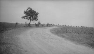 An unpaved road leading in the direction of a distant village. The lanscape is flat and featureless. This may be connected with other photos of localities in which Major Gwilym Lloyd George served.