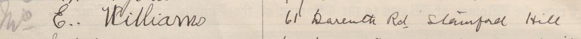 Image of Mrs E Williams's signature and address in the petition