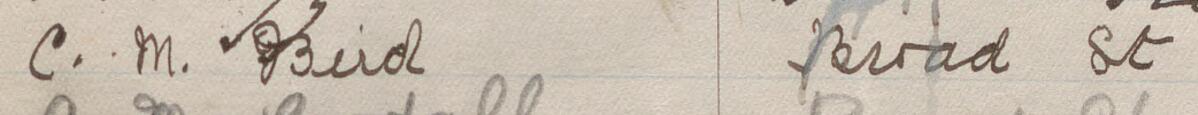 Image of C M Bird's signature and address in the petition