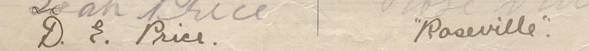 Image of D E Price's signature and address in the petition