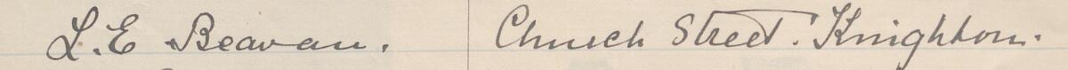 Image of L. E. Beavan's signature and address in the petition