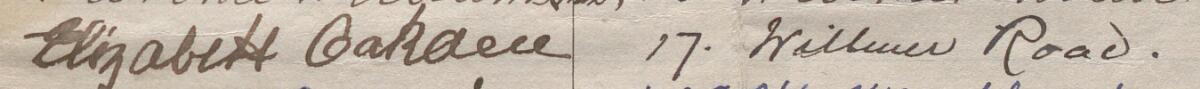 Image of Elizabeth Oakdene's signature and address in the petition