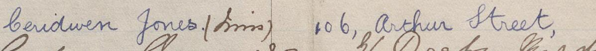 Image of Ceridwen Jones (Miss)'s signature and address in the petition