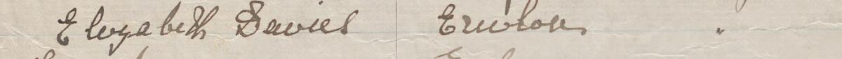 Image of Elizabeth Davies's signature and address in the petition