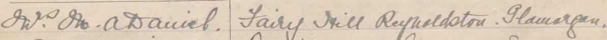 Image of Mrs M A Daniel's signature and address in the petition